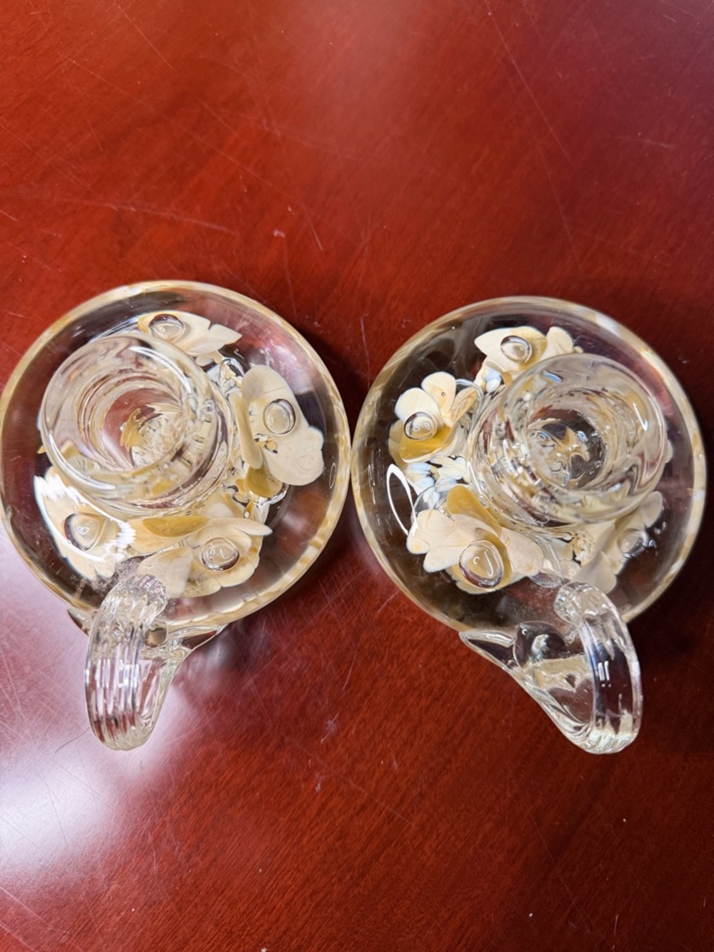 Vintage Joe St Clair Art Glass Candle Holders White/Yellow Flower Set of 2 - Picture 2 of 4